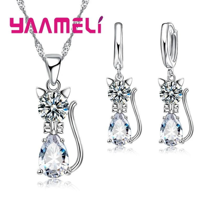 Sterling Silver Cat Pendant Set