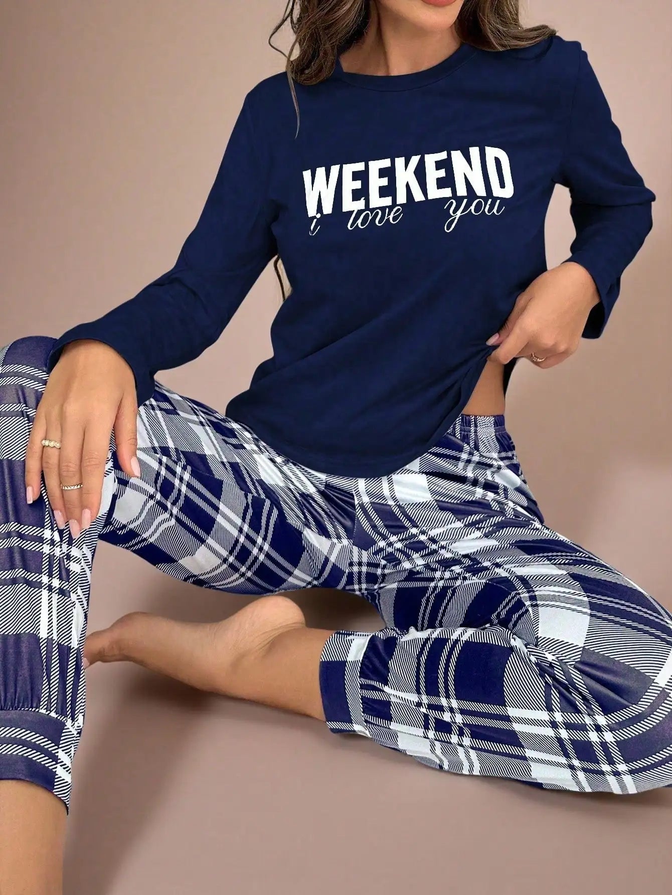 Plaid Slogan Lounge Pajama Set
