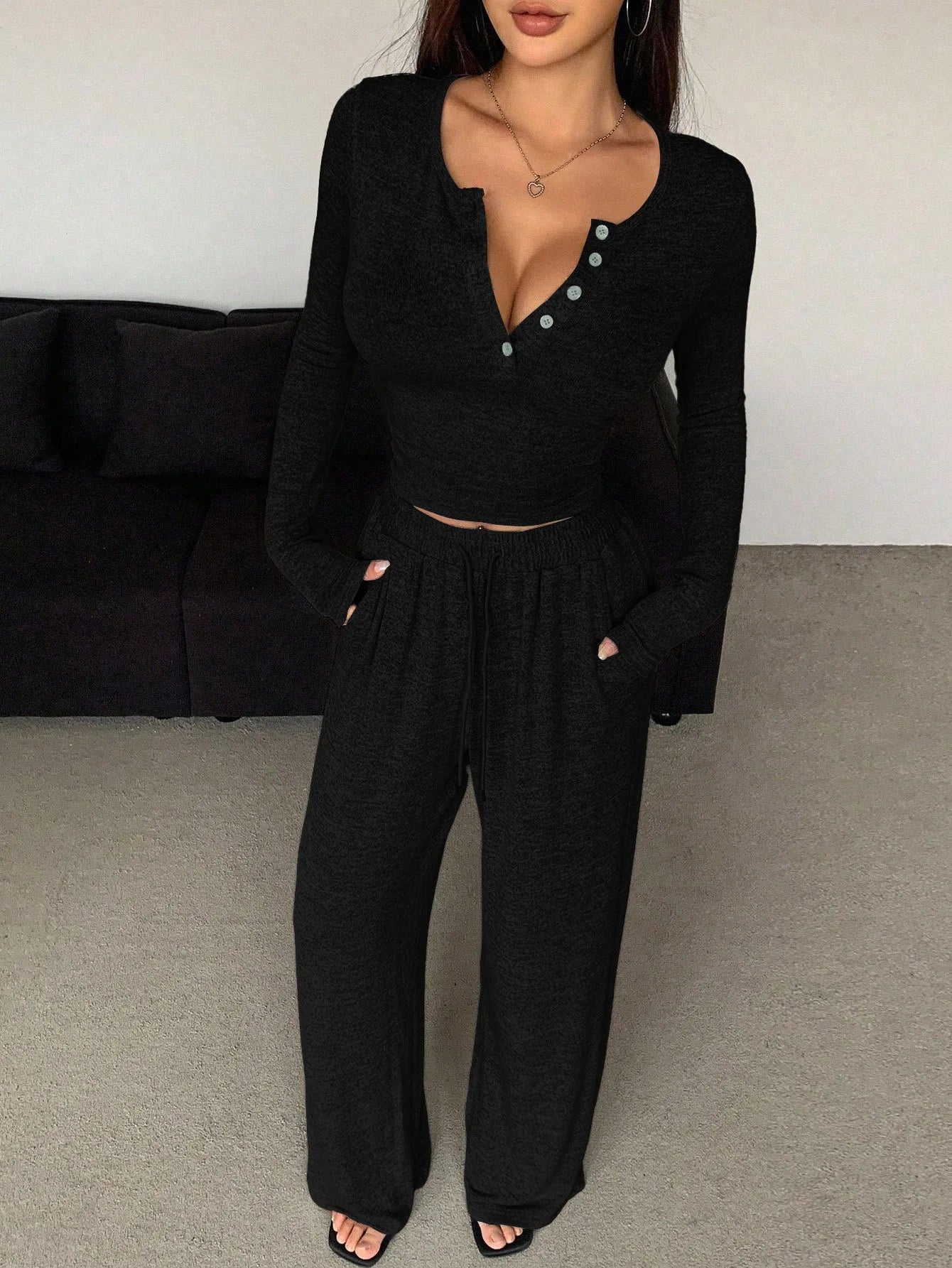 Women's V-Neck Button Drawstring Pajama Set