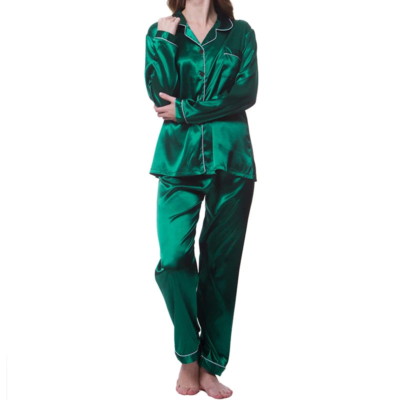 Satin Lapel Button Women Pajama Set