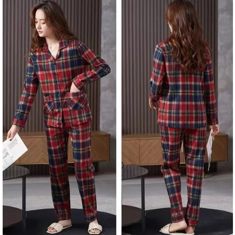 Women's Red Plaid Cardigan Pajama Set