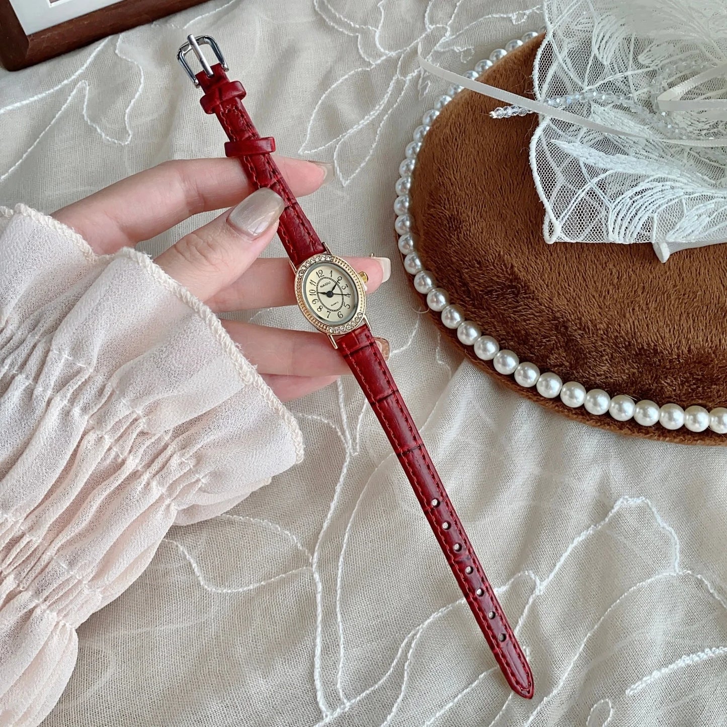 Oval Dial Leather Strap Watch