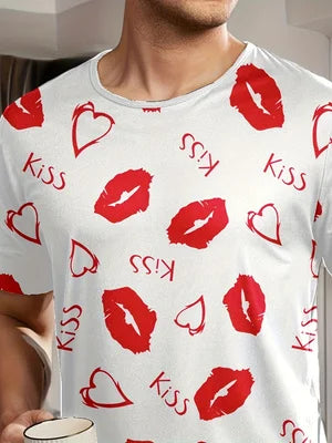 Men's Heart Print Summer Pajama Set
