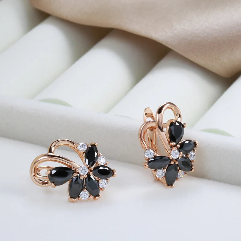 Black Zircon Flower Dangle Earrings