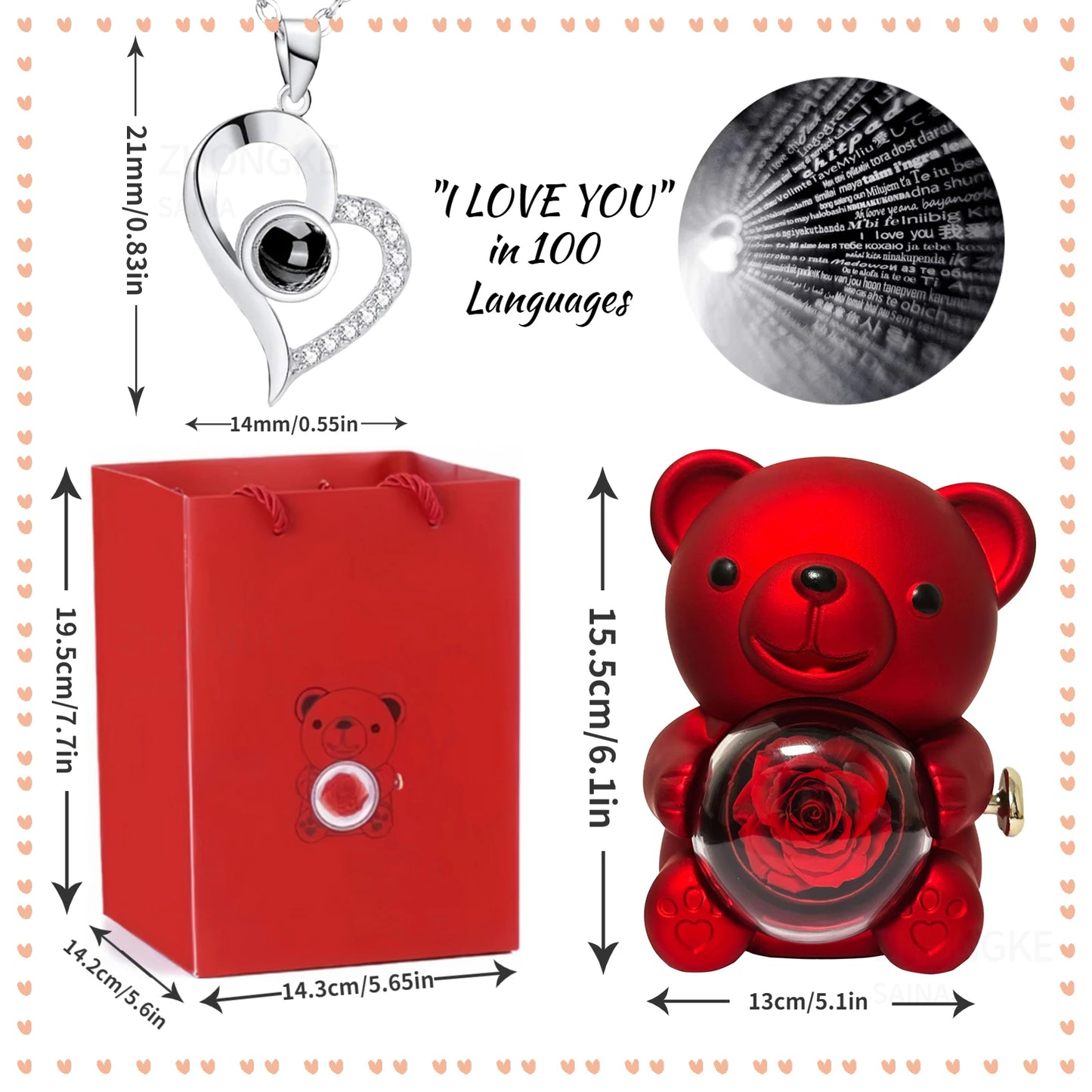 Teddy Bear Rose Jewelry Box Necklace Gift