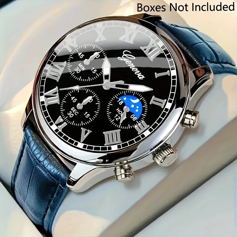 Men's PU Leather Quartz Watch & Bracelet Set