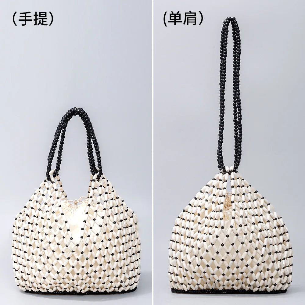 Women's Wooden Bead Bucket Shoulder Bag