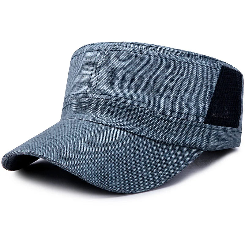 Unisex Linen Flat Top Military Sun Hat