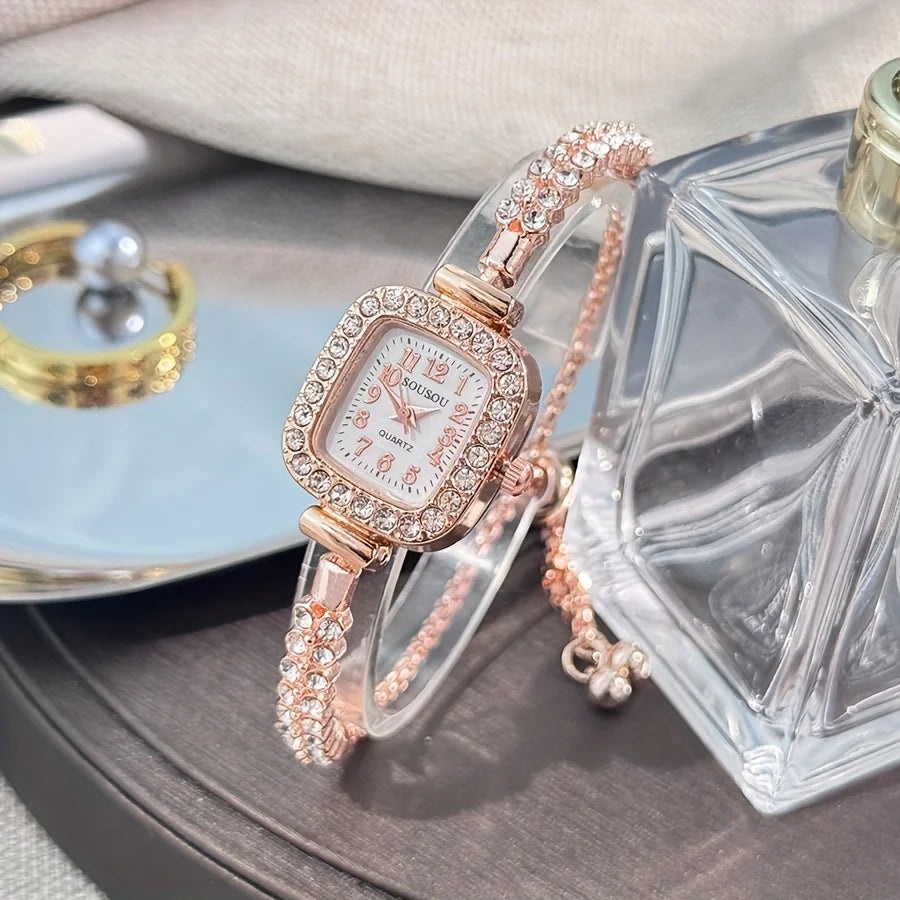 Women's Square Rhinestone Quartz Watch Gold