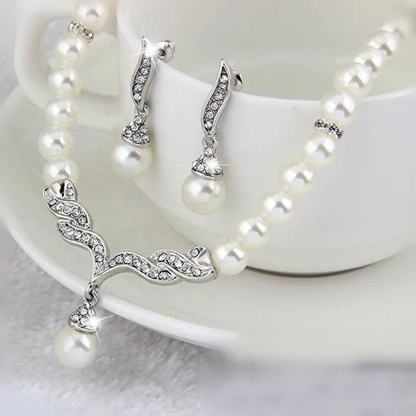 Gold Pearl Necklace Earring Set