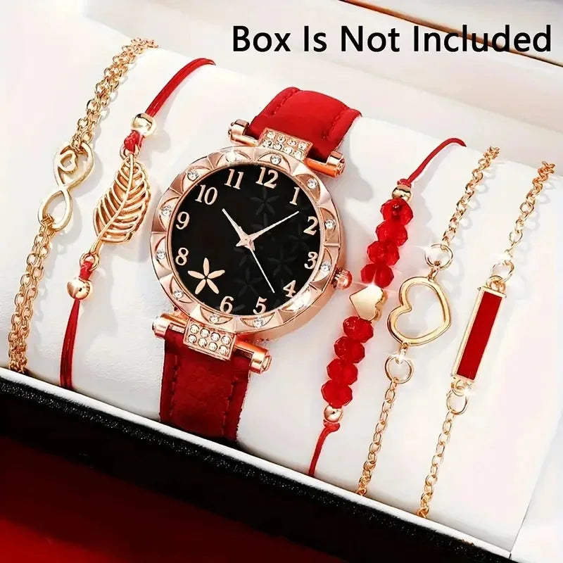 Women's Leather Quartz Watch & Bracelet Set (6pcs)