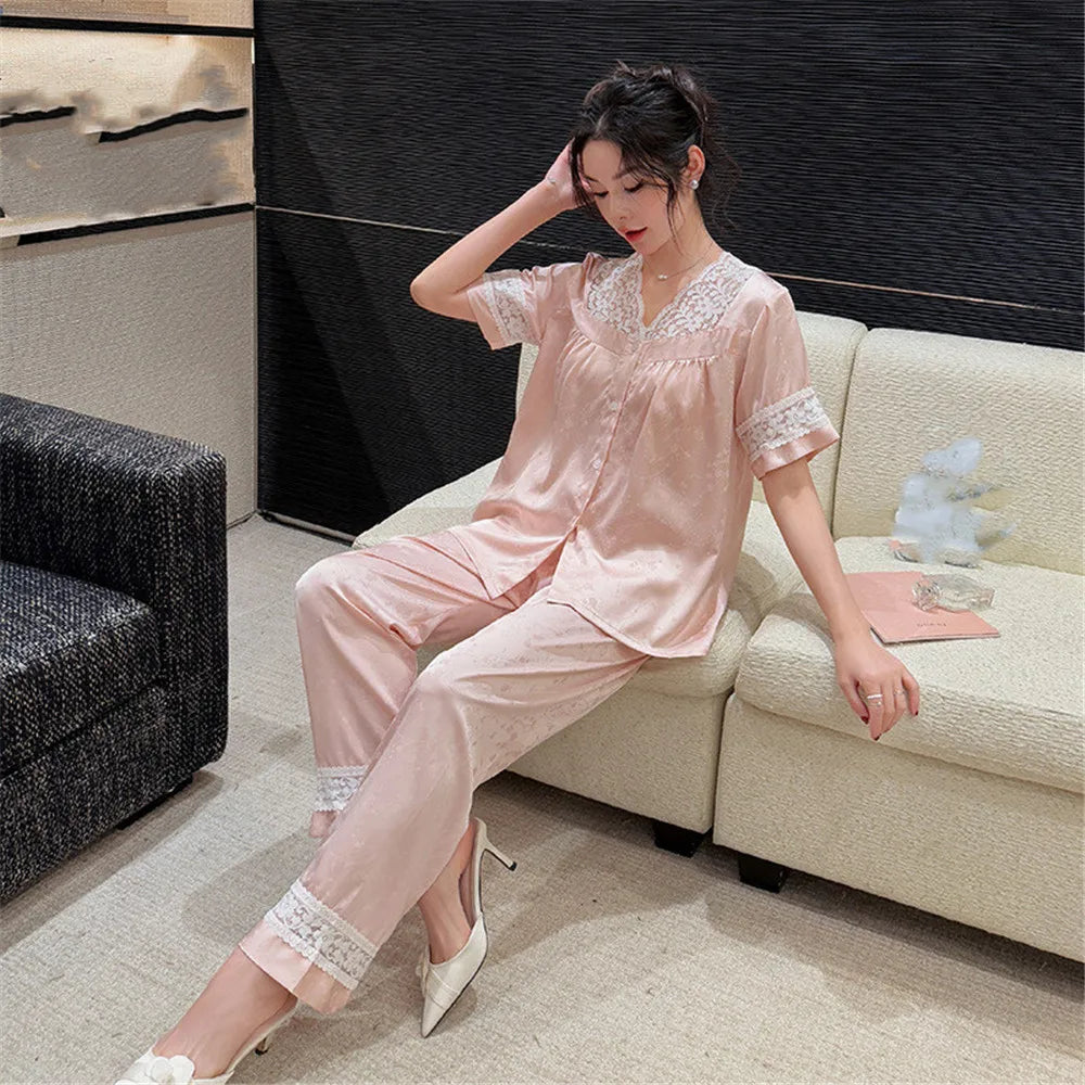 Lace V-Neck Satin Women Pajama Set