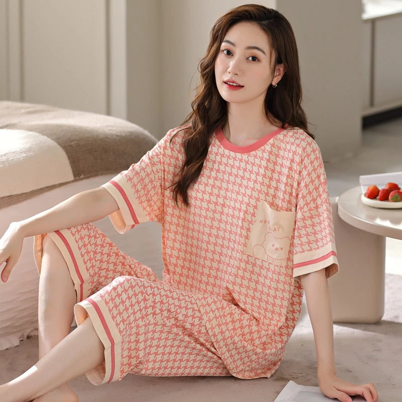 Women's Floral Round Neck Pajama Set Plus Size