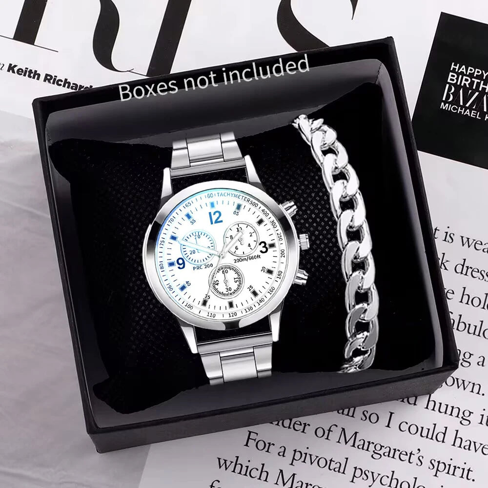 Men's Steel Band Quartz Watch & Bracelet (1-2pcs)