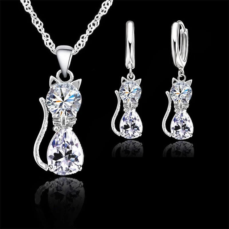 Sterling Silver Cat Pendant Set