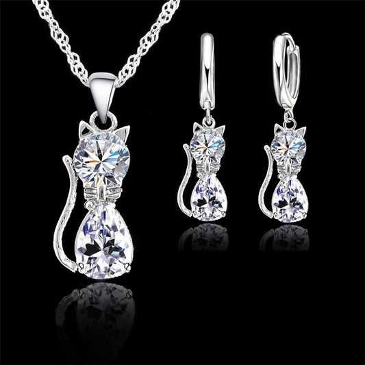 Sterling Silver Cat Pendant Set