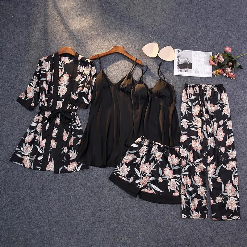 Women's 5-Piece Satin Lace Pajama Set