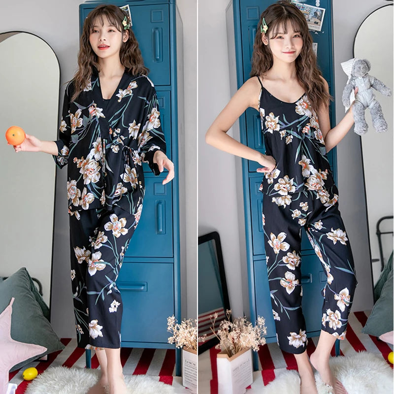 Women's 3-Piece Floral Robe Pajama Set