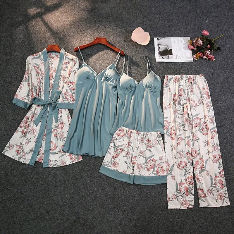 Women's 5-Piece Satin Lace Pajama Set