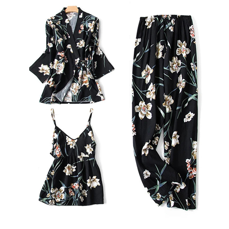 Women's 3-Piece Floral Robe Pajama Set