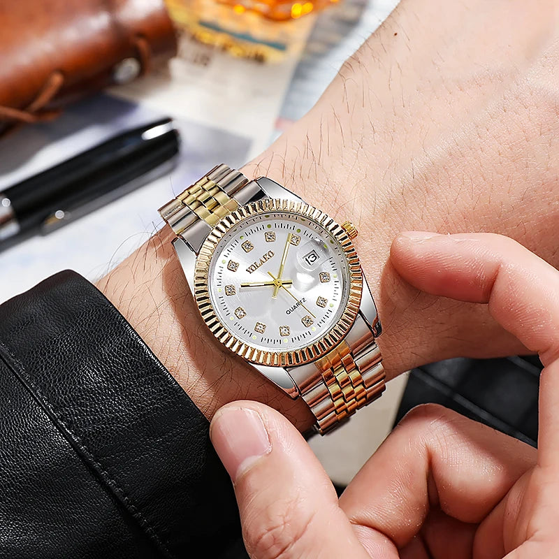 Men's Gold Steel Quartz Watch Date
