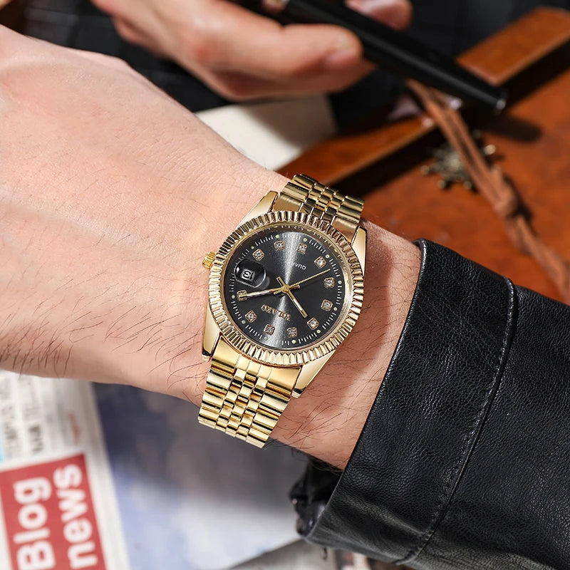Men's Gold Steel Quartz Watch Date