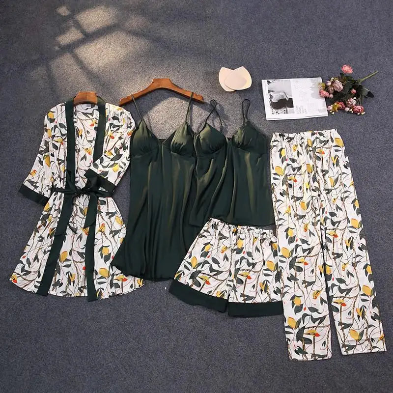 Women's 5-Piece Satin Lace Pajama Set