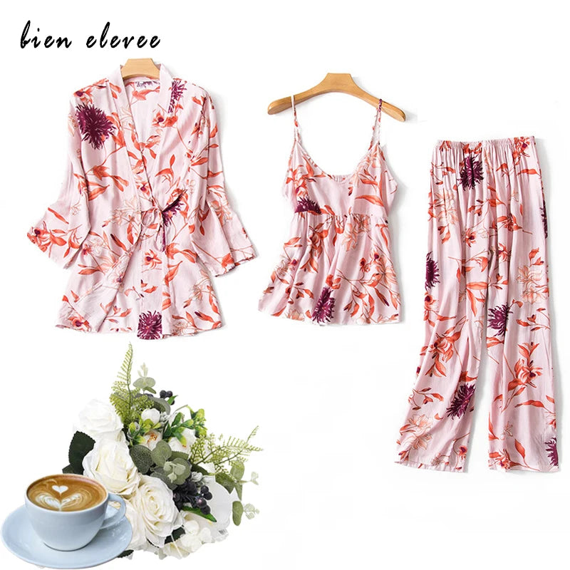 Women's 3-Piece Floral Robe Pajama Set