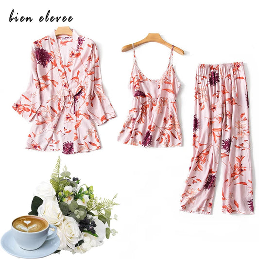 Women's 3-Piece Floral Robe Pajama Set