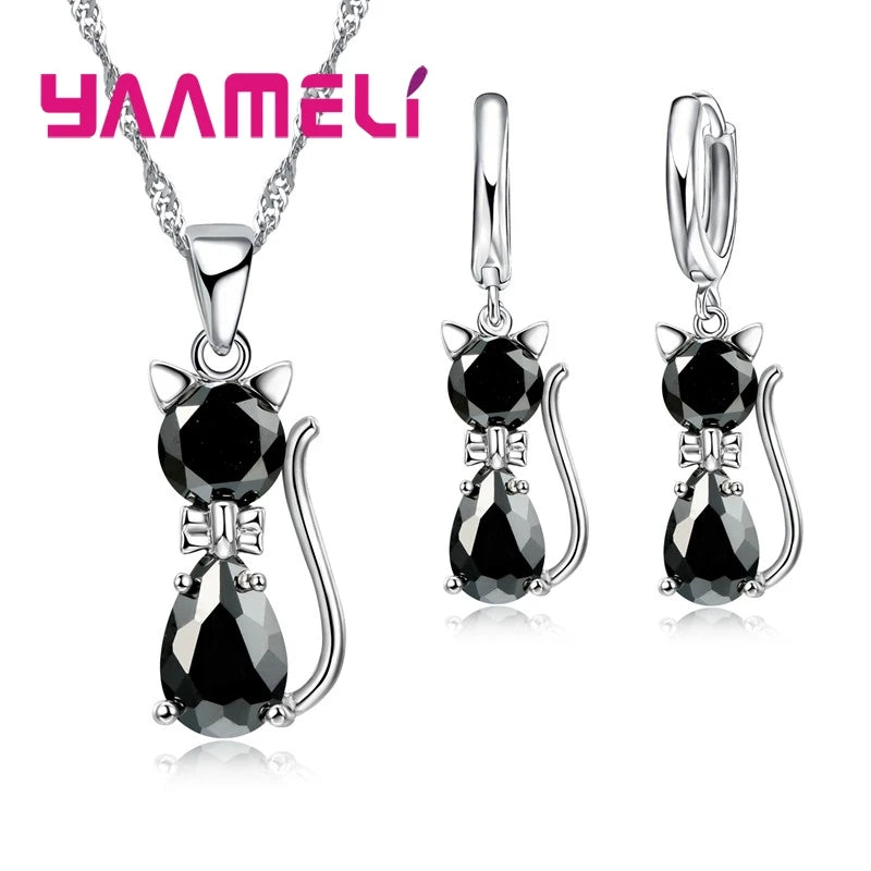 Sterling Silver Cat Pendant Set