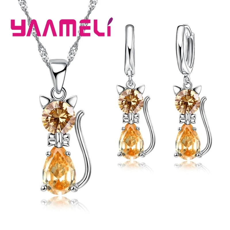 Sterling Silver Cat Pendant Set