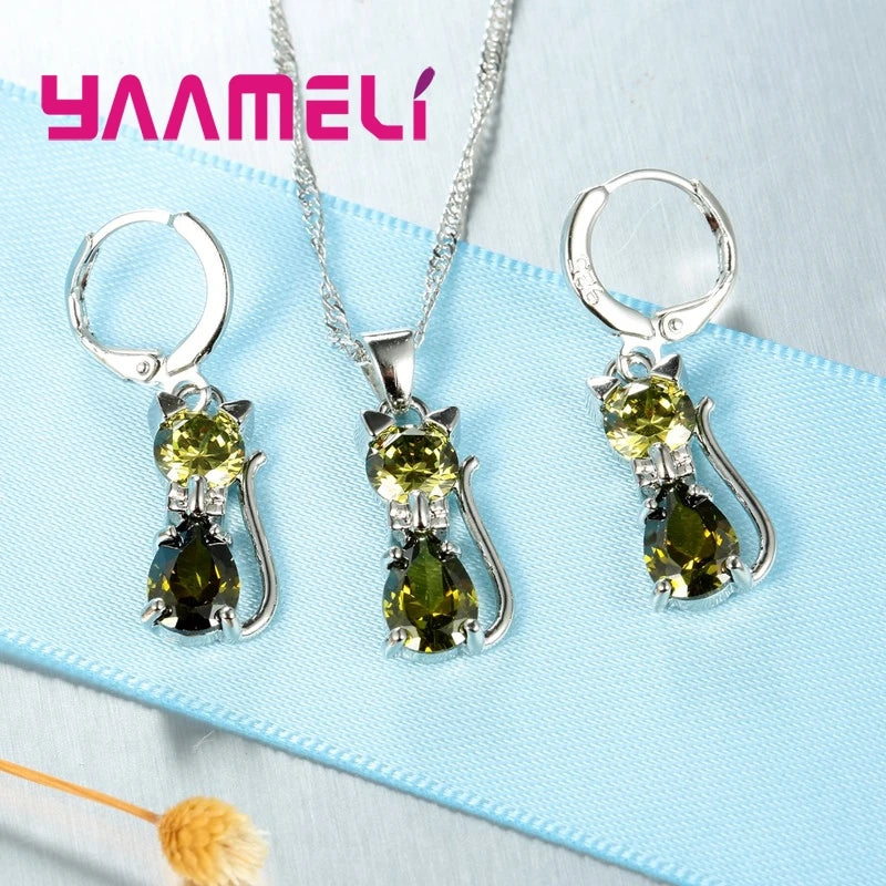 Sterling Silver Cat Pendant Set