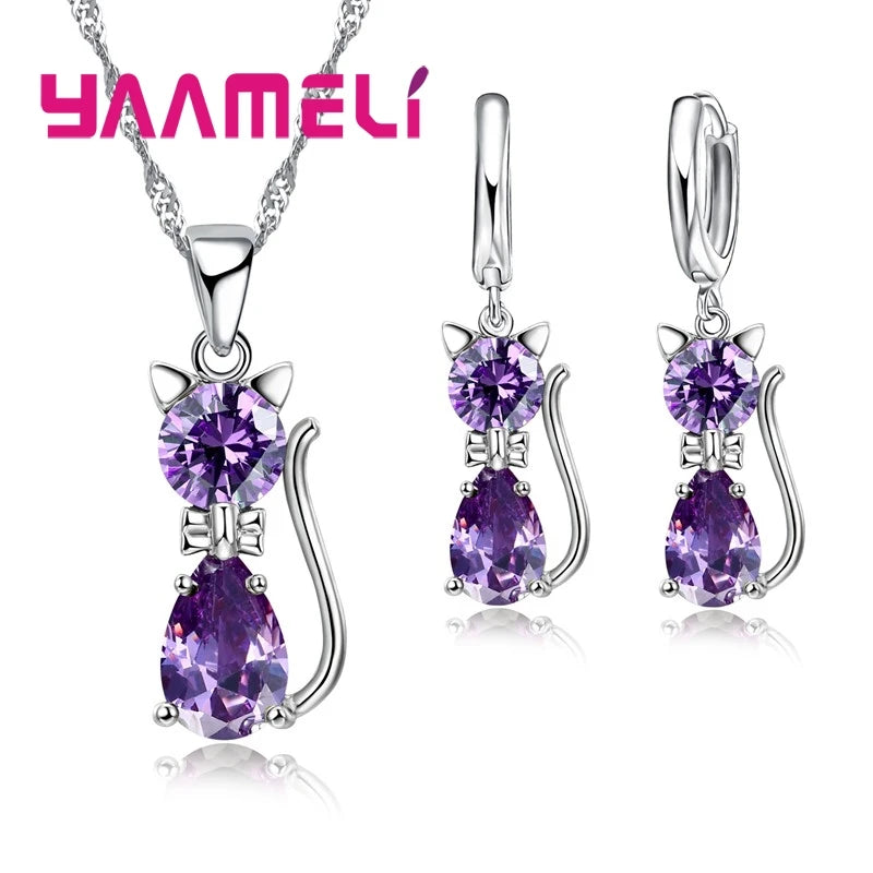 Sterling Silver Cat Pendant Set