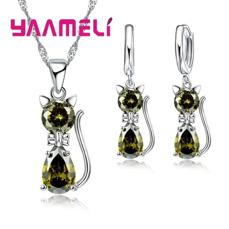 Sterling Silver Cat Pendant Set