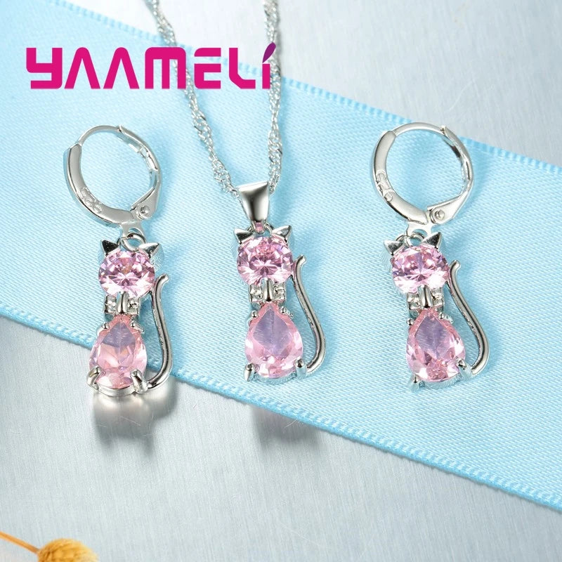 Sterling Silver Cat Pendant Set