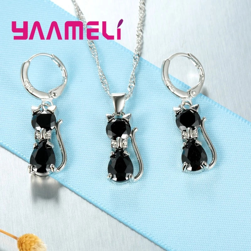 Sterling Silver Cat Pendant Set
