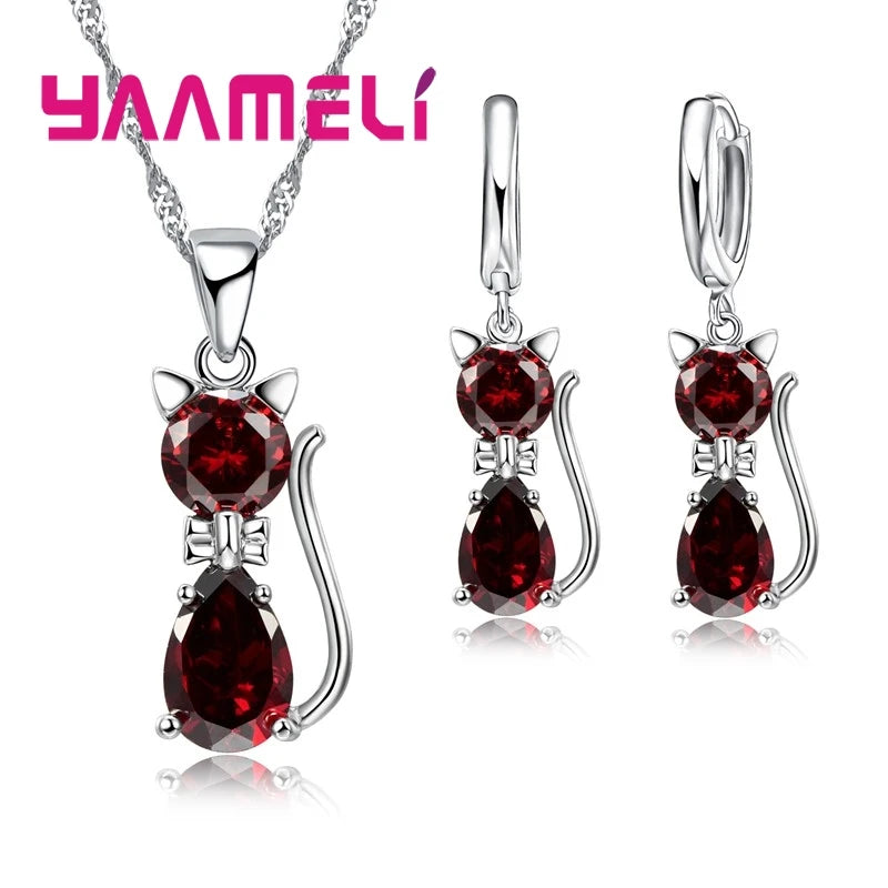 Sterling Silver Cat Pendant Set