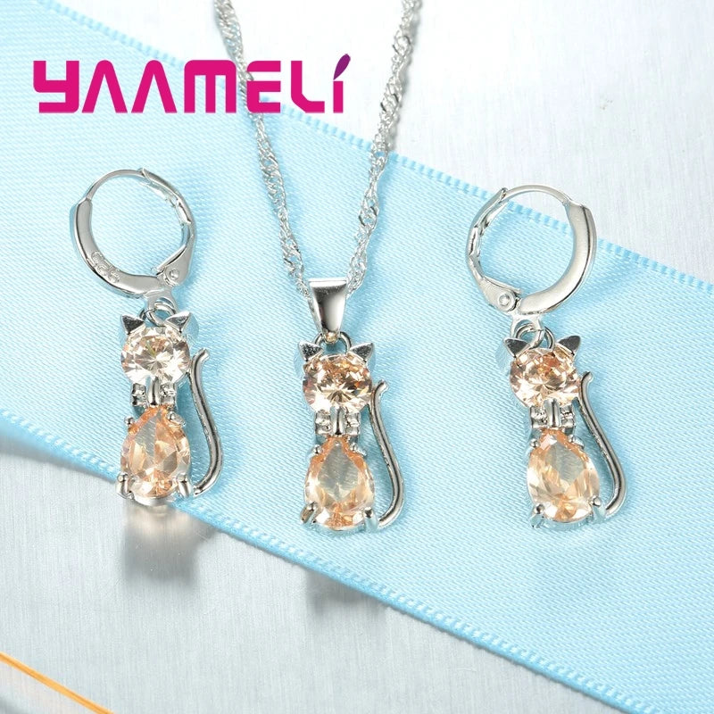 Sterling Silver Cat Pendant Set