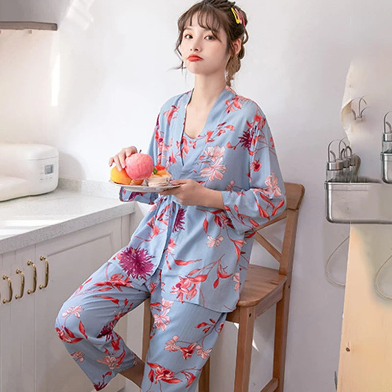 Women's 3-Piece Floral Robe Pajama Set