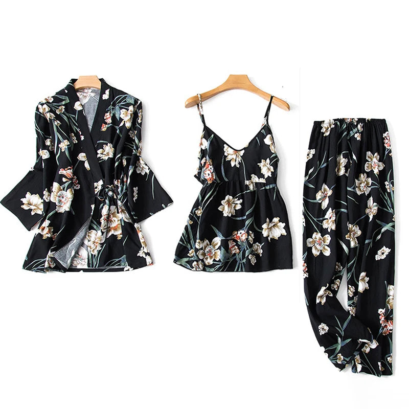 Women's 3-Piece Floral Robe Pajama Set
