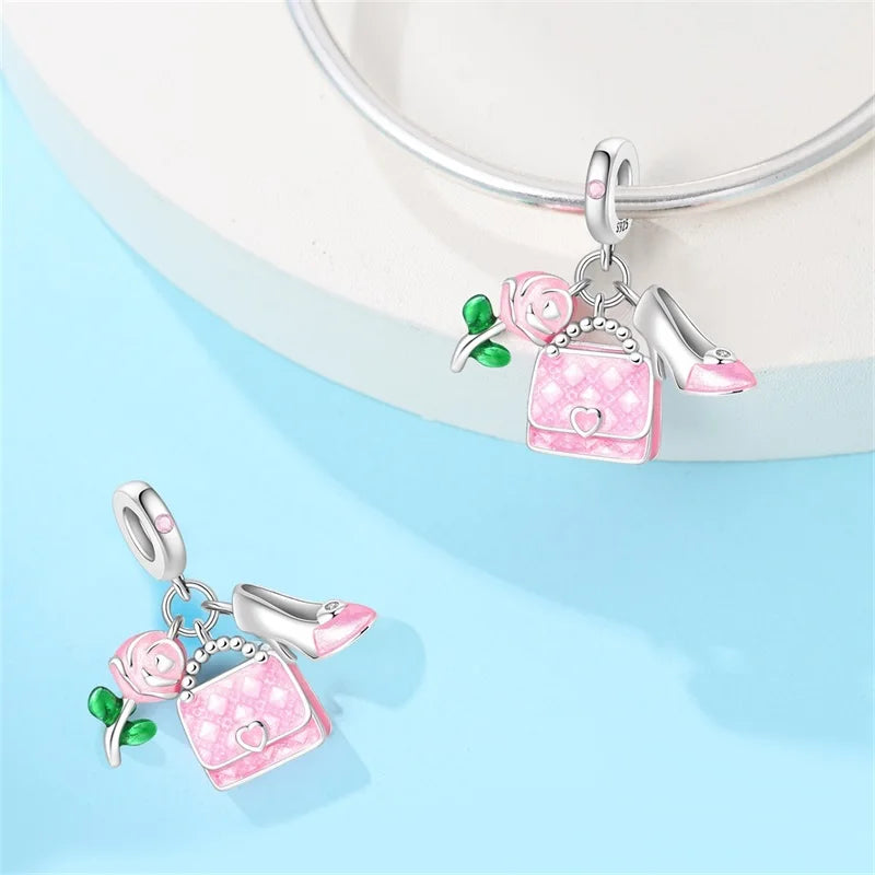 Rose Bag Silver Charm Pendant Set