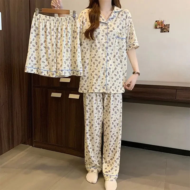 Women's Floral Milk Silk 3-Piece Pajama Set