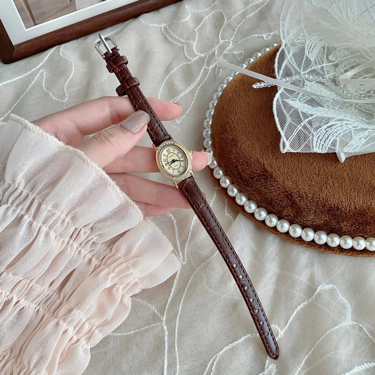 Oval Dial Leather Strap Watch
