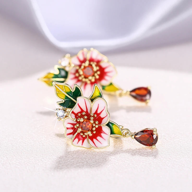 Women's Enamel Flower Drop Earrings Wedding