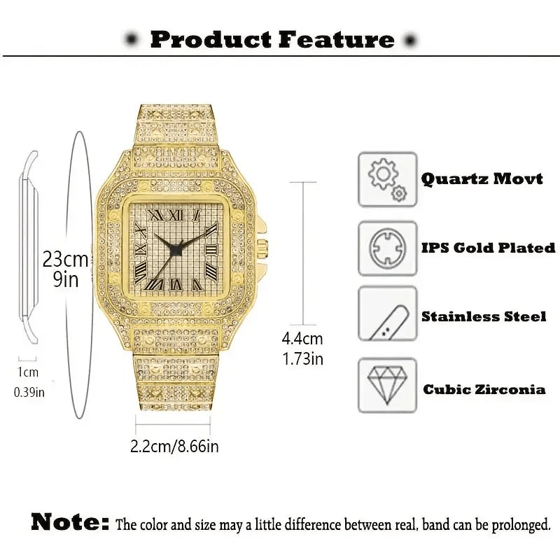 Men's Classic Square Rhinestone Steel Quartz Watch