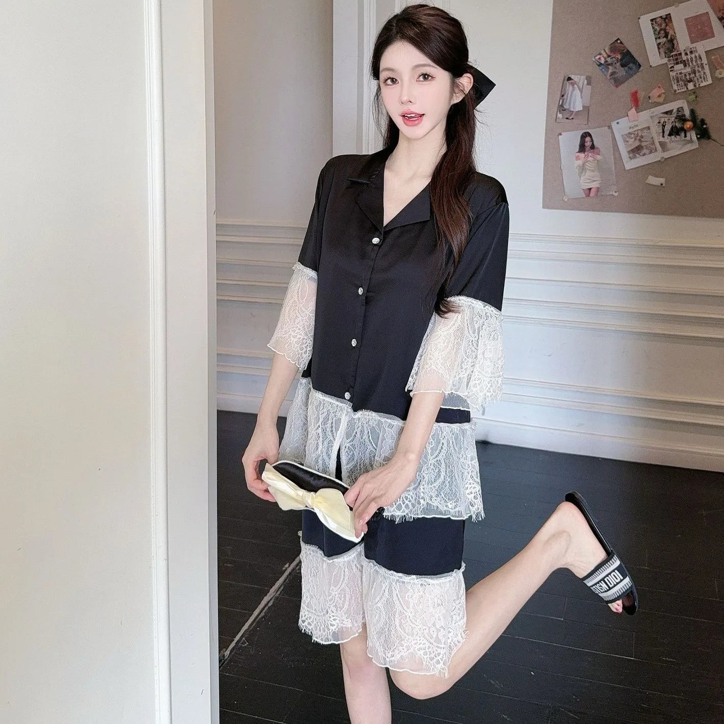 Women's Lace Satin Short Sleeve Pajama Set