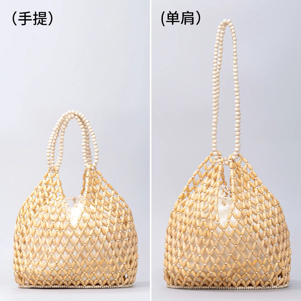 Women's Wooden Bead Bucket Shoulder Bag