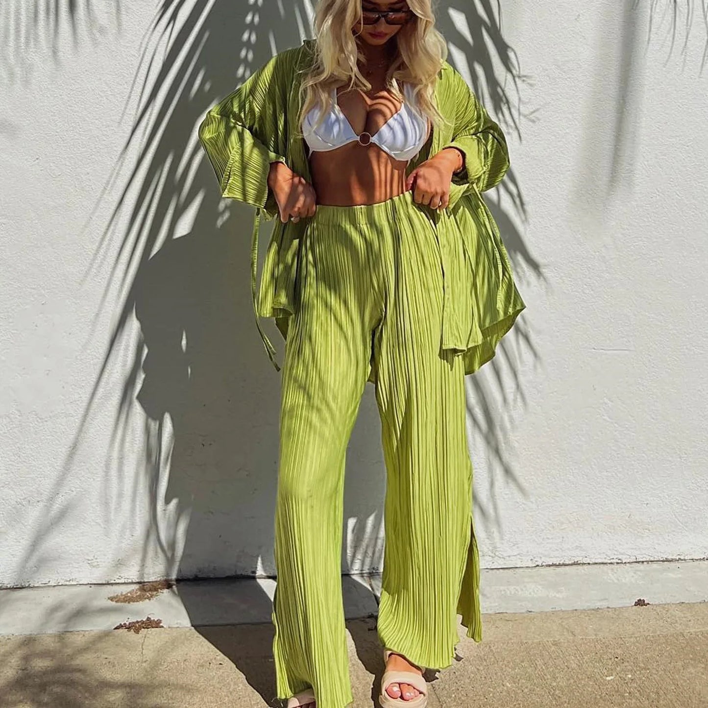 Women's Pleated Lapel Wide Pants Pajama Set