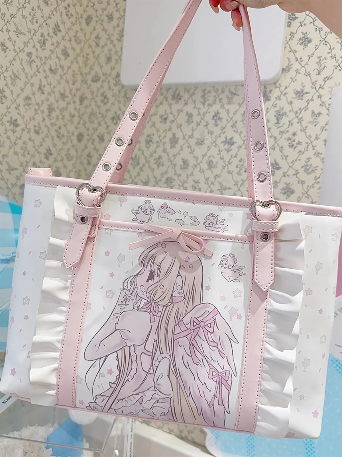 Cute Cartoon Pink PU Leather Tote Bag