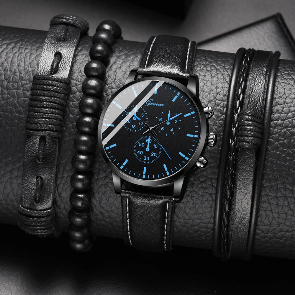 Men's Luxury Black Leather Watch & Bracelet Gift Set